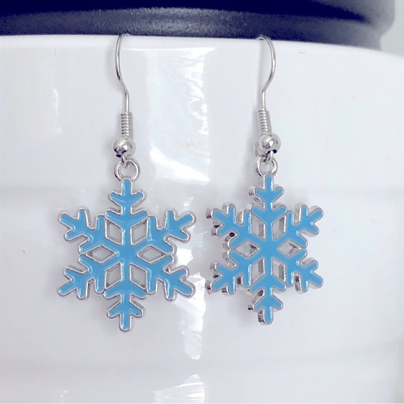 New Winter Snowflake Dangle Drop Handmade Earrings Christmas Holiday Bright Blue - Picture 3 of 4